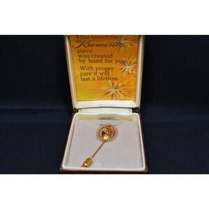 Vintage Signed Rose Flower Stick Pin, 14K Gold Overlay, In Original Box